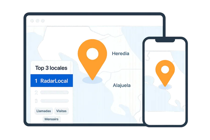 Mapa de Costa Rica con un negocio Radar Local rankeando #1 en resultados locales — Heredia, Alajuela y otras zonas del GAM visibles