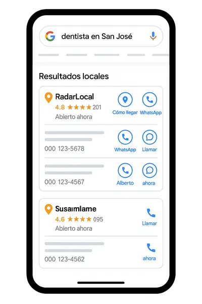 Búsqueda local en Google Maps mostrando RadarLocal en primera posición — caso "dentista en San José"